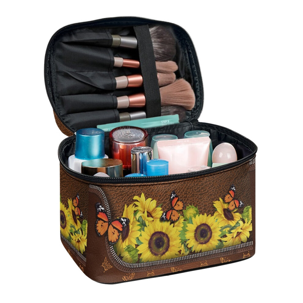 Travel Cosmetic Organizer Polyester Large Capacity with Large Capacity Gift for Adults Sunflower Zipper Pattern