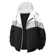 Jaqueta masculina de manga comprida com capuz, painel contrastante em cor sólida, estilo streetwear, elegante e resistente ao vento.
