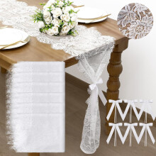 6pcs White Lace Table Runner 14x120", Vintage Boho Embroidered, with Tie Bow Flower – for Wedding, Bridal Shower, Rustic Decor