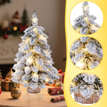 1 Pcs Prelit Tabletop Christmas Tree Snow Flocked Christmas Tree with Led Lights Wood Base Mini Xmas Pine Tree for Table Desk Home Christmas Decor