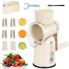5-in-1 Rotary Grater with 5 Interchangeable Stainless Blades, Easy Clean, Compatible with Humidity Graters – Green (10 Blades) / Beige (6 Blades)