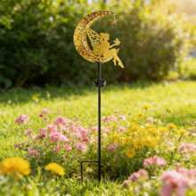 Solar Fairy Garden Lights – Moon & Angel Stake with Crackle Glass Globe, Rainproof LED Pathway Lights for Yard/Walkway