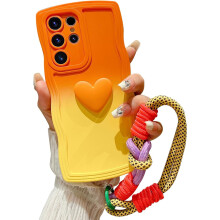 Compatible with Samsung Galaxy S24 Ultra Gradient Wavy Case with Wrist Strap, Love Heart Frame, Soft Silicone Shockproof Cover – Orange/Yellow