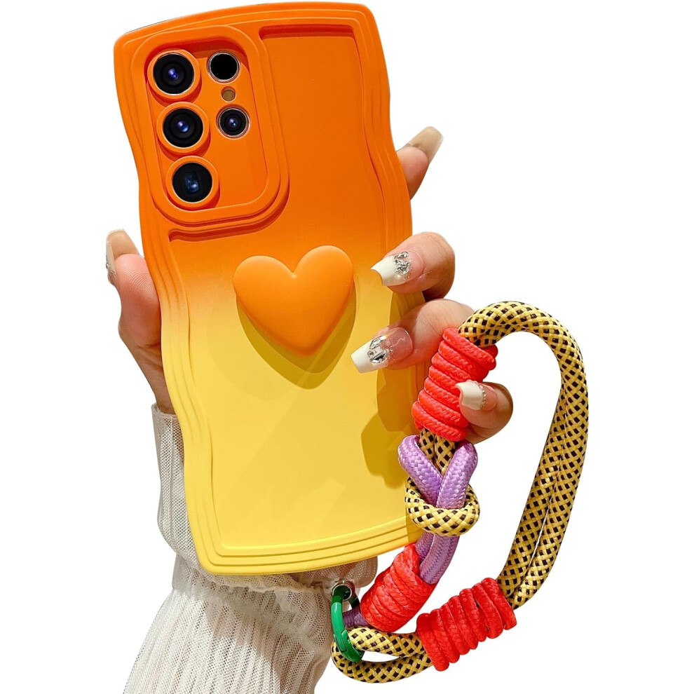 Compatible With Samsung Galaxy S24 Ultra Gradient Wavy Case With Wrist Strap, Love Heart Frame, Soft Silicone Shockproof Cover Â Orange/Yellow 9170372335664