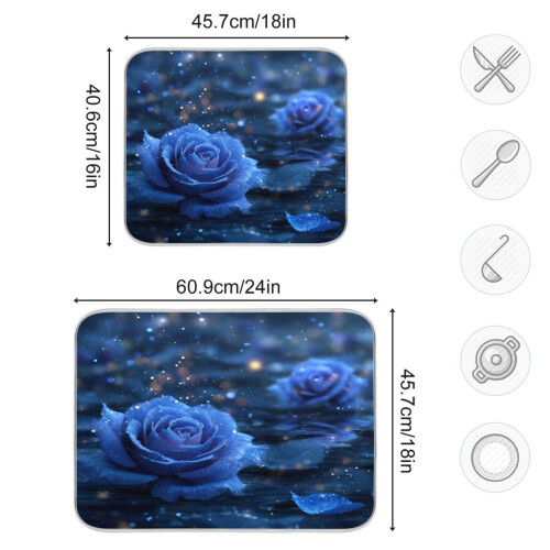 Dish Drying Mat Microfiber Kitchen Pad Large Counter Absorbent Dish Mats Drainer Rack 16"x18" Blue Rose Pattern 2