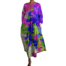 Locker geschnittenes, lilafarbenes Damen-Sommerkleid mit Rundhalsausschnitt, langen Ärmeln und V-Ausschnitt, bedruckt, Übergröße (L), passend zur