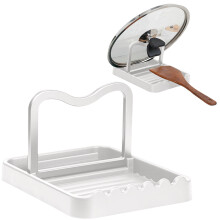 Anti-Rust Metal Spoon Rest with Lid Holder, Heat-Resistant, Multifunctional Spatula Holder for Stovetop & Counter, White (7.175.5")