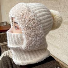 Damen-Wintermütze, Strickmütze mit Bommel, lässige Strickmütze, passendes Schal-Set, Skimütze mit Bommel, Beige