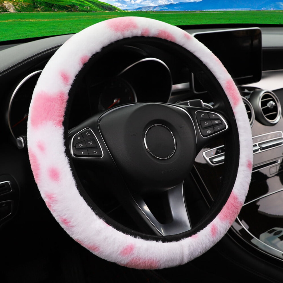 Plush Steering Wheel Cover Soft Warm Universal Pink/White 9377112664095