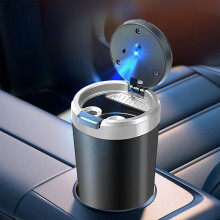 Rookvrije auto-asbak met deksel – roestvrijstalen binnenkant, winddicht, blauw LED-licht, draagbaar en afneembaar, 9,5 x 6,3 cm (zilver)