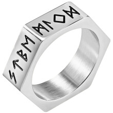 Bague homme hexagonale géométrique en acier inoxydable de 7 mm de large, disponible en tailles 8 à 13.