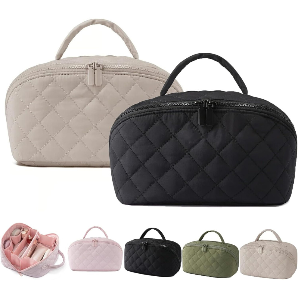 Travel Makeup Bag for Women with 180 Opening, Waterproof Flat-Lay Organizer with Multiple Compartments for Toiletries and Brushes