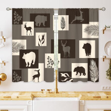 Forest Animal Kitchen Curtains, Grey Woodland Tier Drapes 27.5x39", Compatible with Bear/Deer Theme