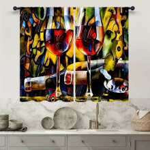 Red Wine Kitchen Curtains 27.5x39 in, 2 Panel Rod Pocket, Rustic Burgundy Glass Bottle Design, Tuscan Cafe Tier Drapes for Kitchen/Bathroom –