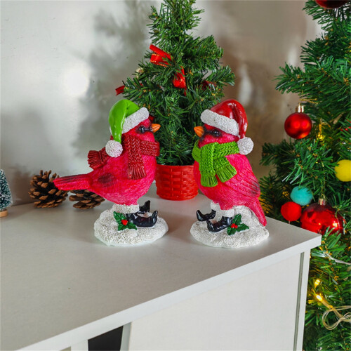Christmas Cardinal Statue with Santa Hat Resin 2 pcs 1