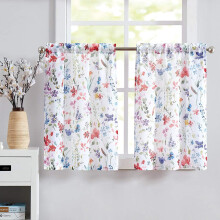 Floral Kitchen Curtains 28"x36", 2 Panels, Rod Pocket, Faux Linen Cafe Curtains for Bathroom, Farmhouse Style