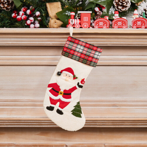 Christmas Stocking Santa Pattern Plaid Fluffy Cuff 18x7 Inch 1