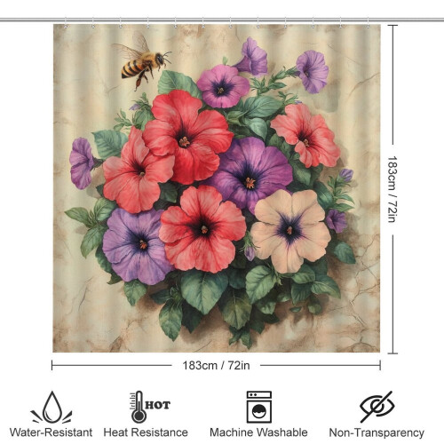 Σετ κουρτινών μπάνιου με κόκκινο γεράνι Spring Bee (4 τεμάχια) + Πατάκι μπάνιου, Πατάκι 1