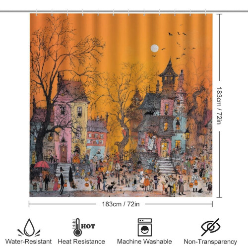 Κουρτίνα ντους με θέμα το Halloween Street Scene Σετ 4 τεμαχίων με χαλιά – Ανθεκτική, 1