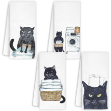 Ensemble de 4 serviettes de toilette motif chat noir (40 x 60 cm), cadeau idéal pour les amoureuses des chats, décoration de salle de bain –