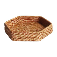 Plateau de service hexagonal en rotin – Panier décoratif tressé pour table basse, pique-nique, pain, sandwichs – Décoration de table vintage