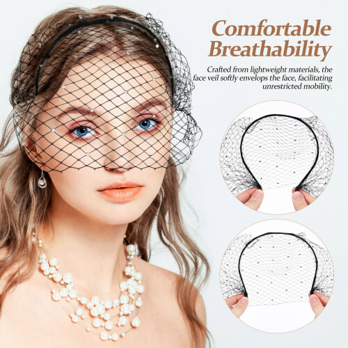 Black wedding veil headband with mesh birdcage design 2