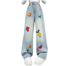 Girls Wide Leg Jeans Straight Casual Denim Pants Everyday Wear Mushroom Design
