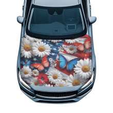 Car Hood Cover Waterproof Engine Cover Stretchable Polyester Automotive Exterior Accessories for Most Sedans SUV Trucks Pickup, Daisy American Flag