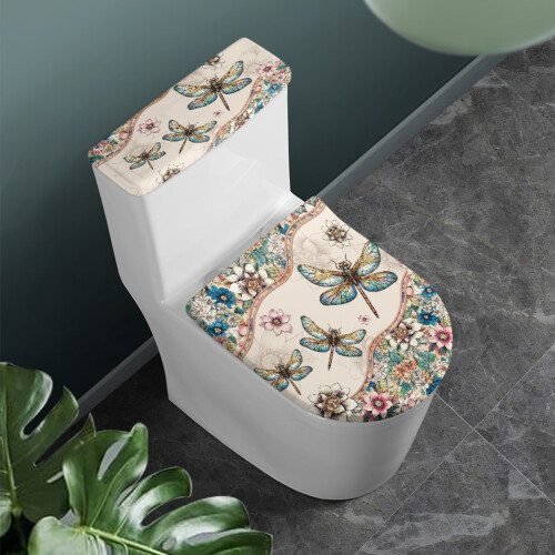Ensemble de housse de siège de toilette en polyester à motif libellule 1