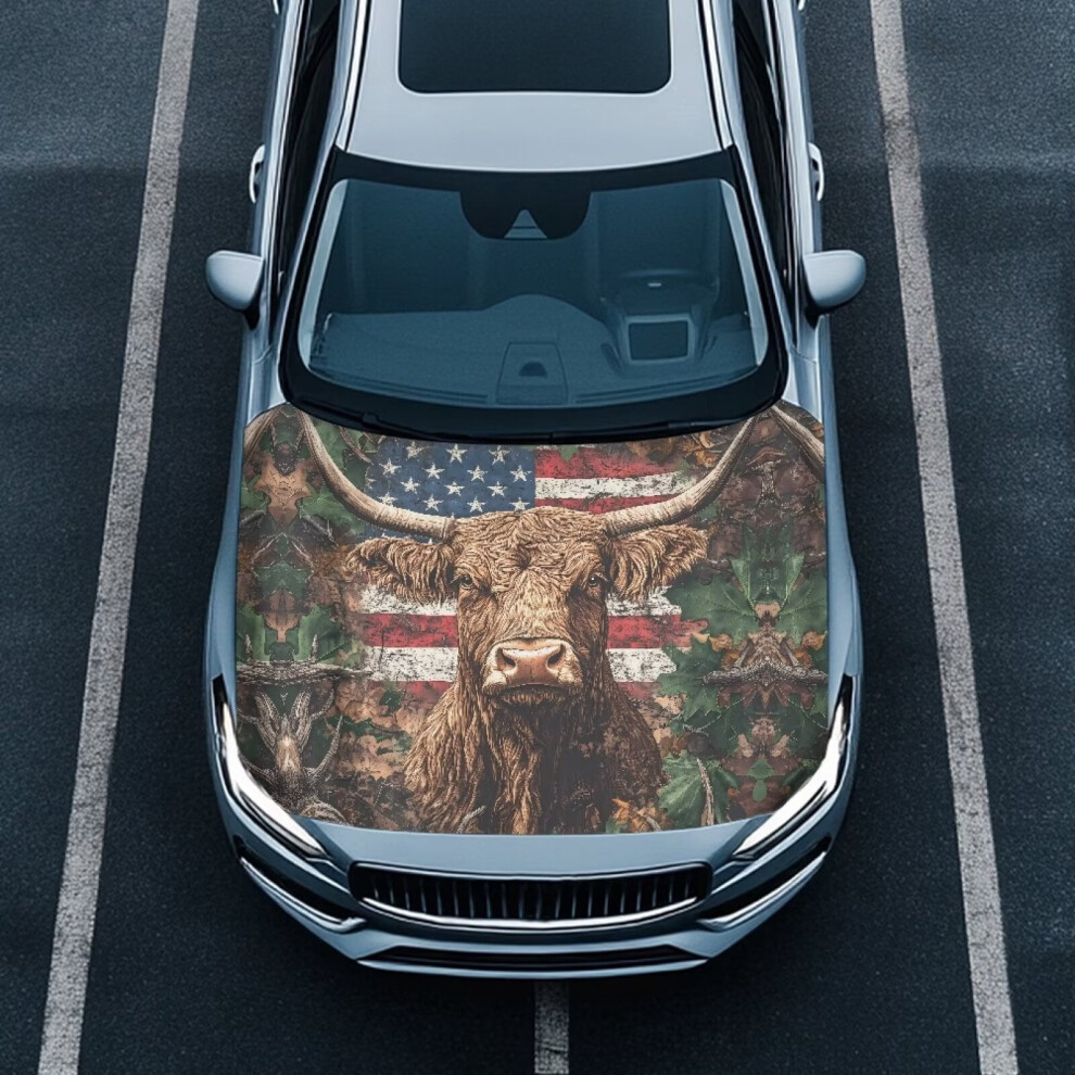 Us Flag Highland Cattle Car Hood Cover 1Pc 9180435752666