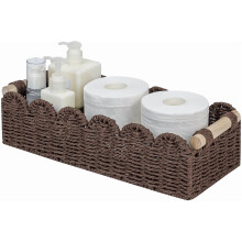 Aufbewahrungskorb aus Papierseil mit gewelltem Rand und Holzgriff – für Toilette, Beistelltisch, Wandregale – Braun