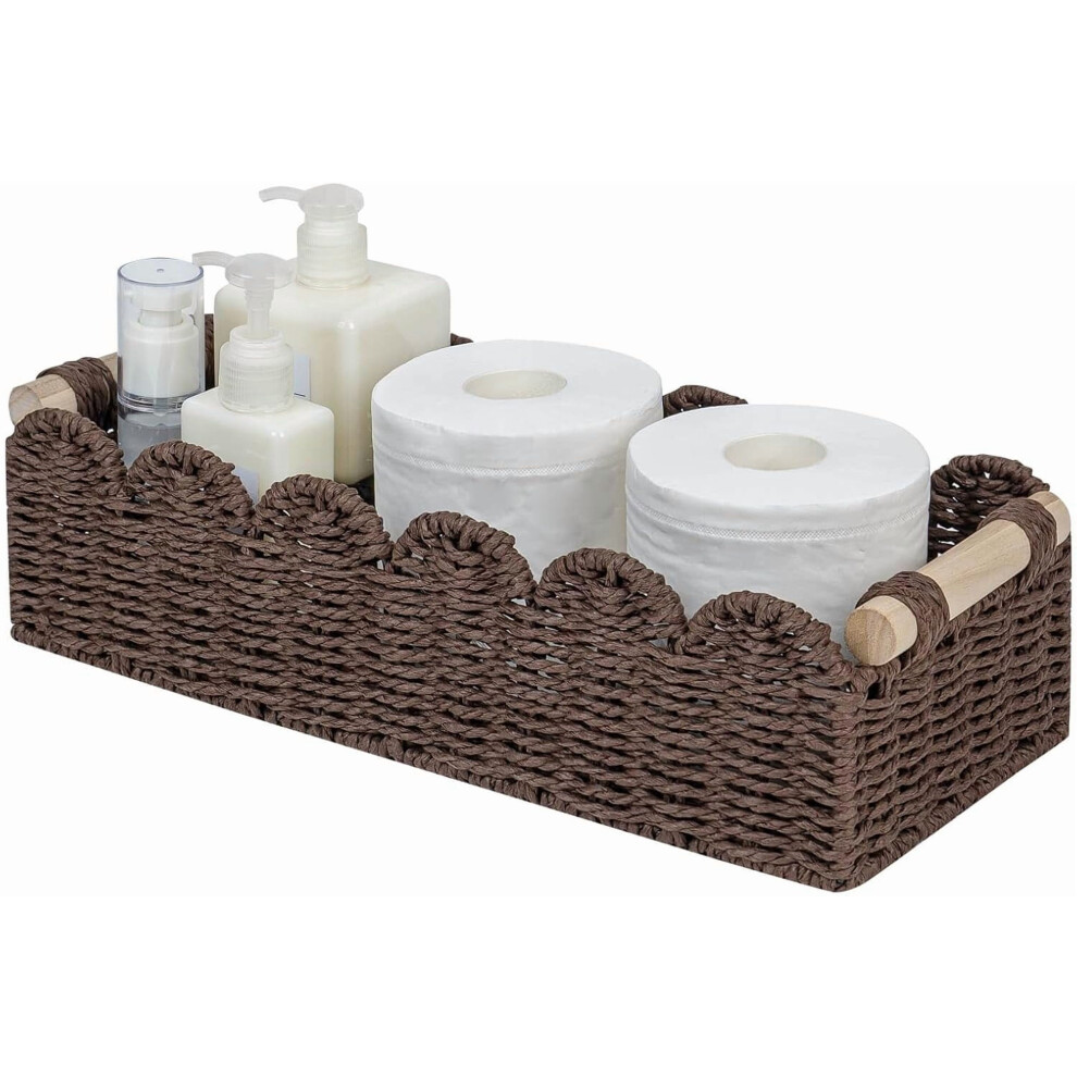 Paper Rope Scalloped Edge Storage Basket With Wood Handle – For Toilet, End Table, Floating Shelves – Brown