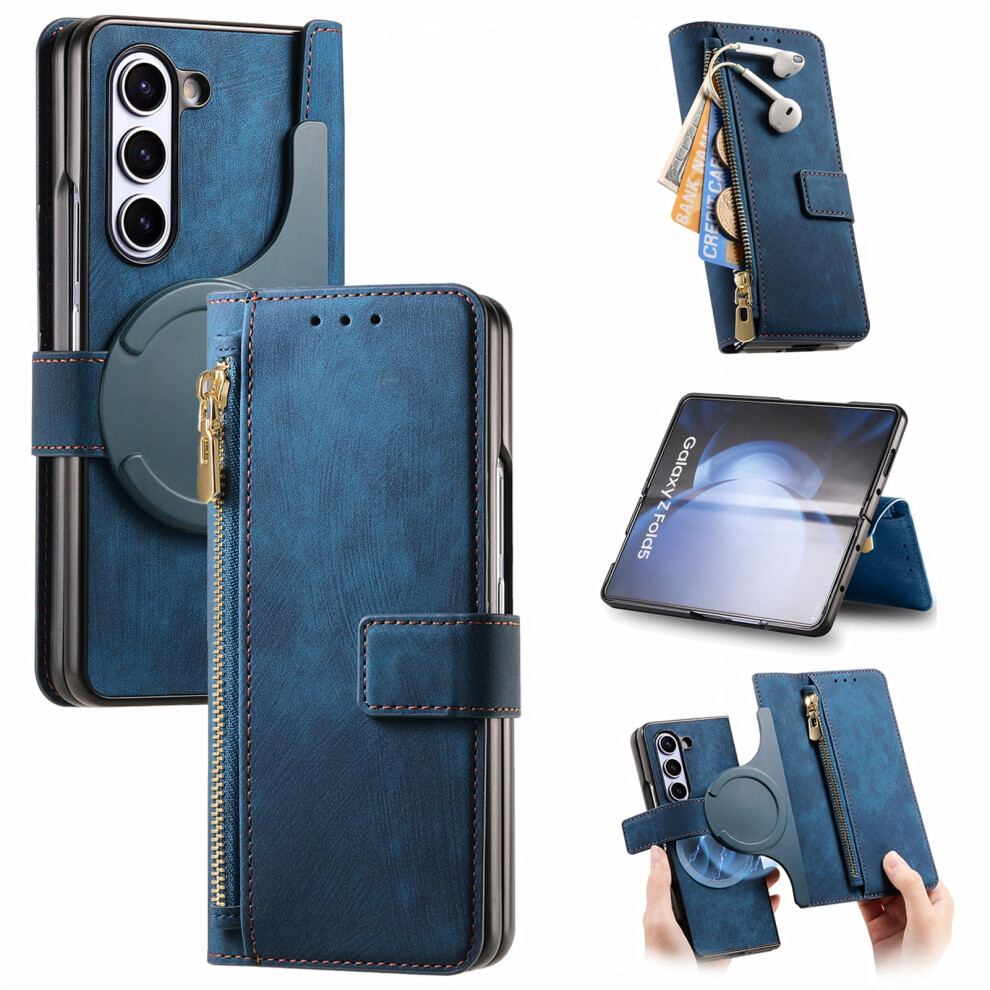 Compatible With Samsung Galaxy Z Fold 6 Zipper Wallet Case, Magsafe-Compatible Magnetic Pu Leather Flip Case With Card Slots, Kickstand & Rfid 9027700166752