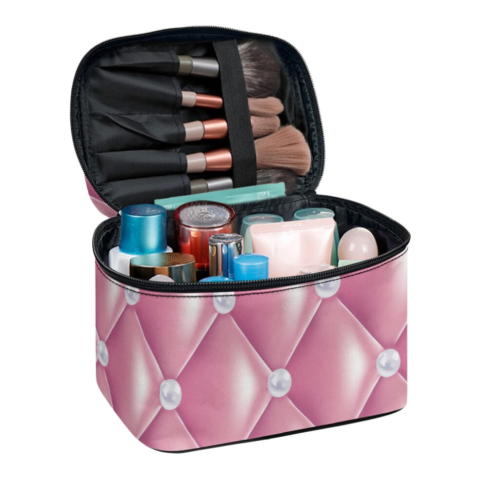 Polyester cosmetic toiletry bag with pearl embellishment