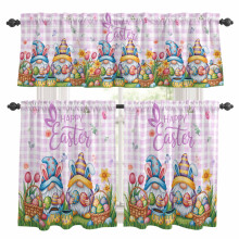 Happy Easter Kitchen Curtains & Valances Set – Spring Gnomes, Colored Eggs, Floral Purple Plaid, Rod Pocket, 27.5x36in, Compatible with Standard