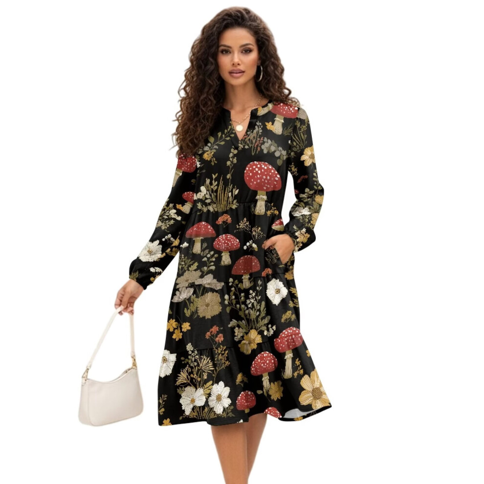 Women's Ruffled Tiered Midi Dress Long Sleeve Patchwork 9087558955182