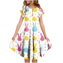 Robe de Pâques pour fille, manches courtes, col rond, imprimée à volants
