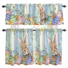 Easter Kitchen Curtains & Valances Set – Spring Yellow Rabbit, Eggs, Floral, Green/Blue Wood Grain, Rod Pocket, 27.5x24in, for Living Room, Bedroom,