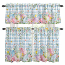 Easter Eggs Kitchen Curtains & Valances Set – Spring Floral, Blue Plaid, Rod Pocket, 27.5x36in, 3-Piece