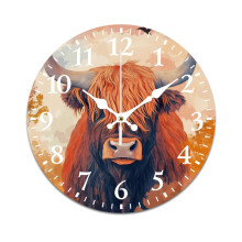 Ink Painting Highland Cow Wall Clock – Retro Mute, Battery-Powered, Compatible with Home/Living Room/Kitchen/Office Decor