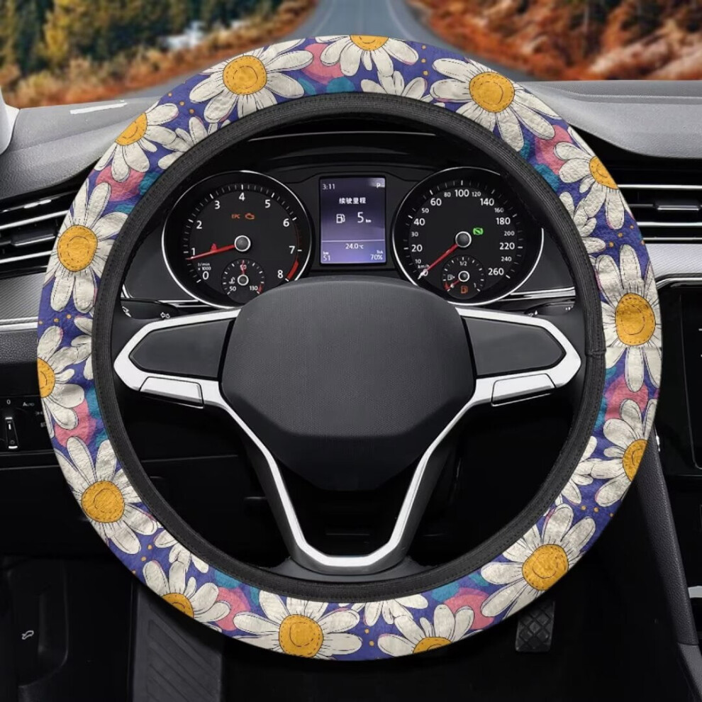 Daisy Pattern Fluffy 15" Steering Wheel Cover For Women Â Breathable, Winter Car Decor Gift, Compatible With Most Vehicles 9422877532582