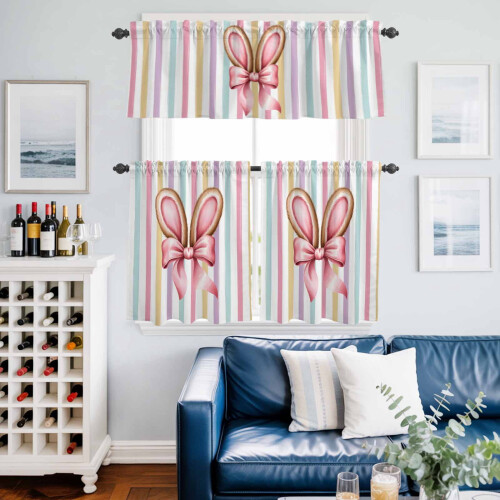 Easter Kitchen Curtains and Valances Set Pink Bowknot 1