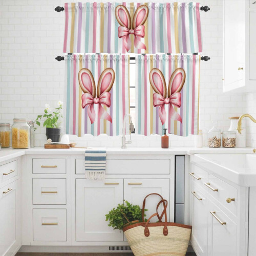 Easter Kitchen Curtains and Valances Set Pink Bowknot 2
