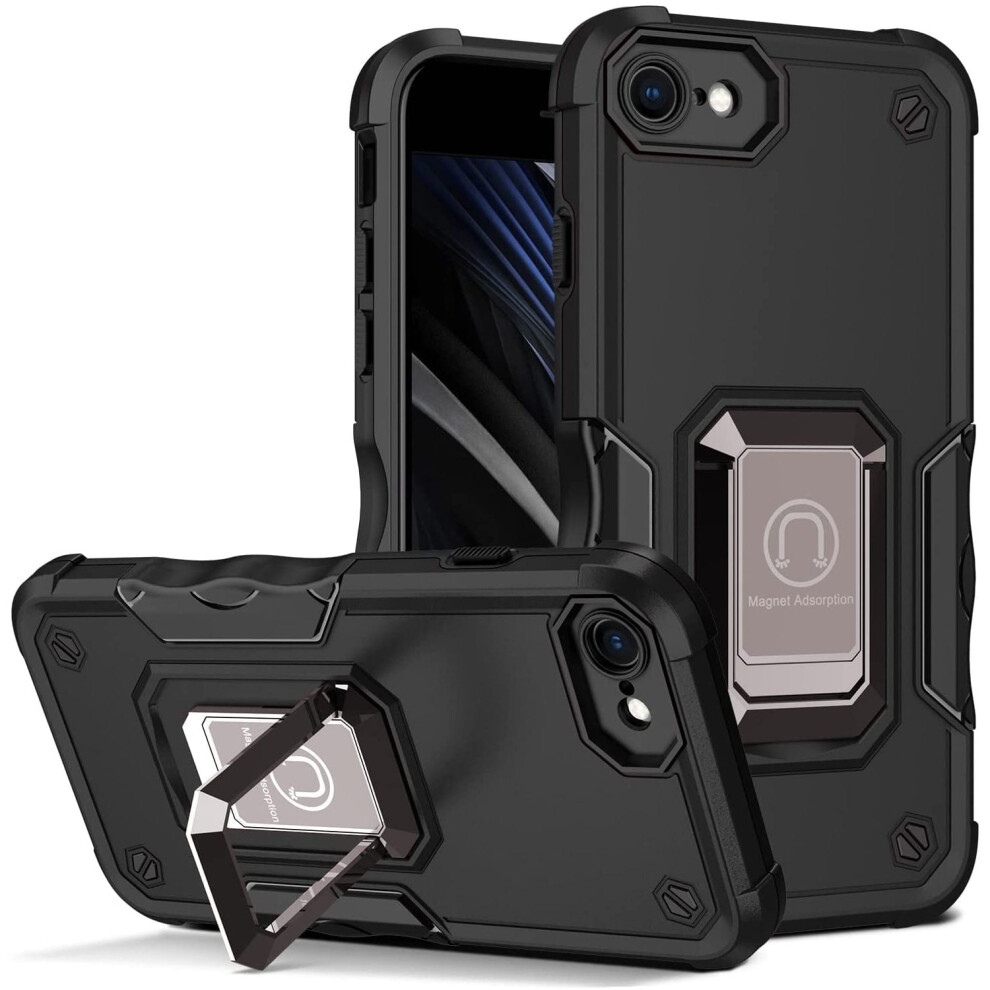 Military Grade Shockproof Hybrid Armor Case With Ring Holder For Compatible With Iphone Se (3Rd Gen & 2Nd Gen) And Compatible With Iphone 8/7 - Black 9399596745480