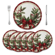 Merry Christmas Round Placemats Set of 6 Winter New Year Table Mat 14 inch for Kitchen Dining Table Decoration