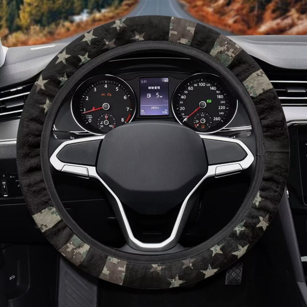 American Flag Fuzzy Steering Wheel Cover 15 Inch Black 9087558956998