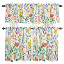 Spring Watercolor Leaf Kitchen Curtains & Valances Set, 3-Pc Rod Pocket (27.5x36in), Easter/Living Room/Bedroom Compatible