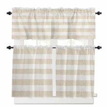 Vintage Linen Striped Beige Kitchen Curtains & Valances Set, Farmhouse Rod Pocket, 27.5x24in, 3-Piece