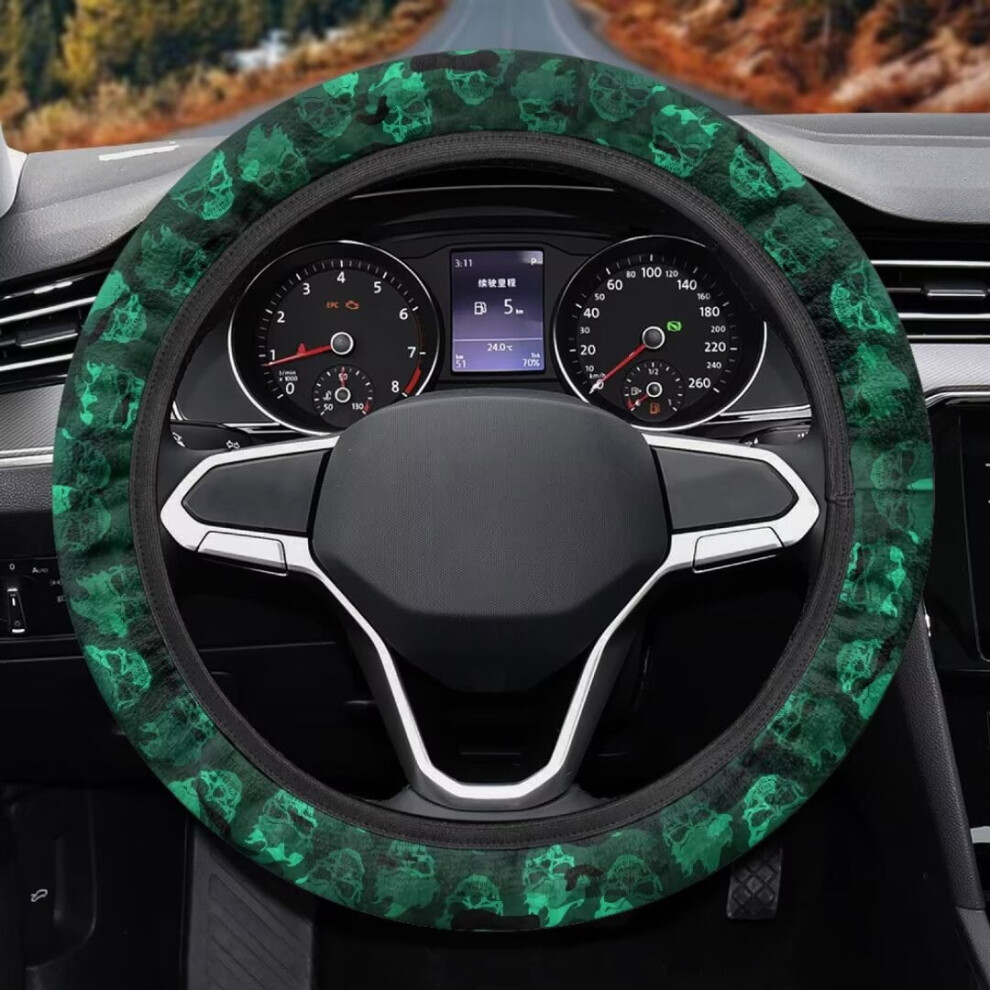 Steering Wheel Cover Skull Flannel 15 Inch Green 9180435751645