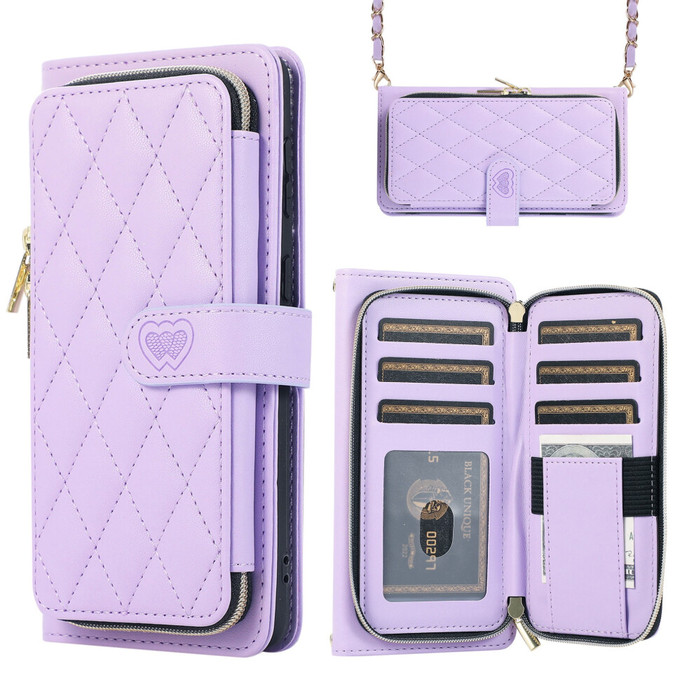 Light Wallet Case For Samsung Galaxy S24 Ultra Â Multi-Zipper Purse With Card Slots, Flip Folio & Crossbody Wrist Strap Purple 9399596255835